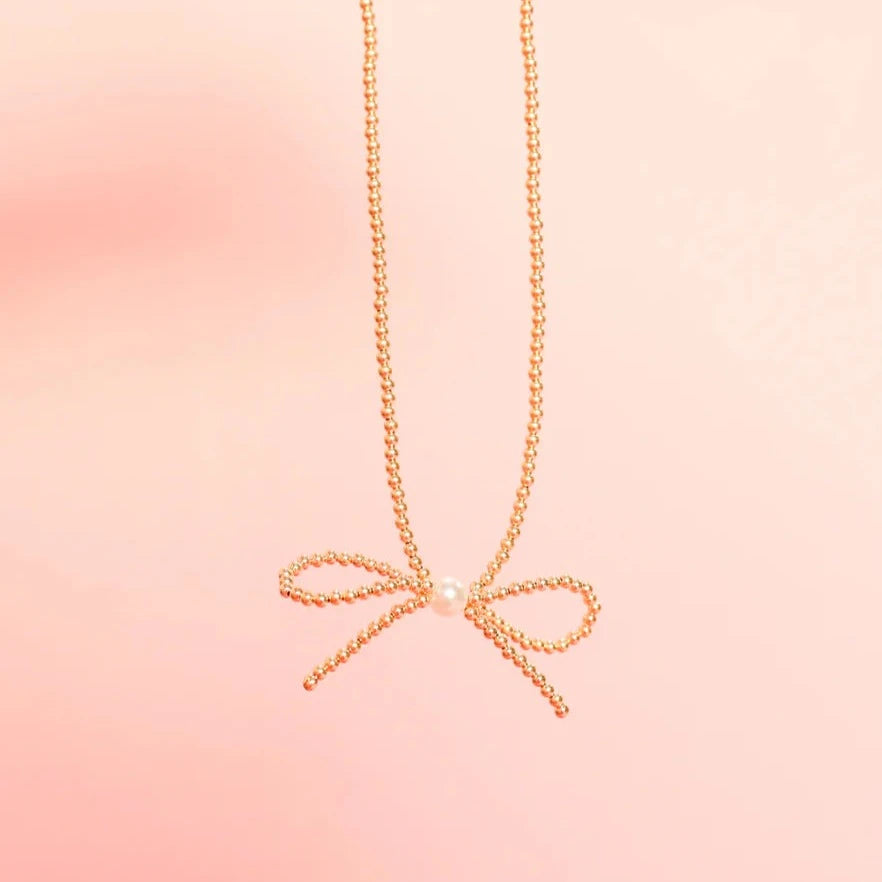 Beaded Blondes | Gold Bow Necklace with Pearl Accent - preenteronline