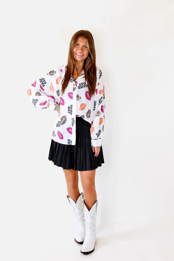 The Gameday Way Button Up Football Print Top in White - preenteronline