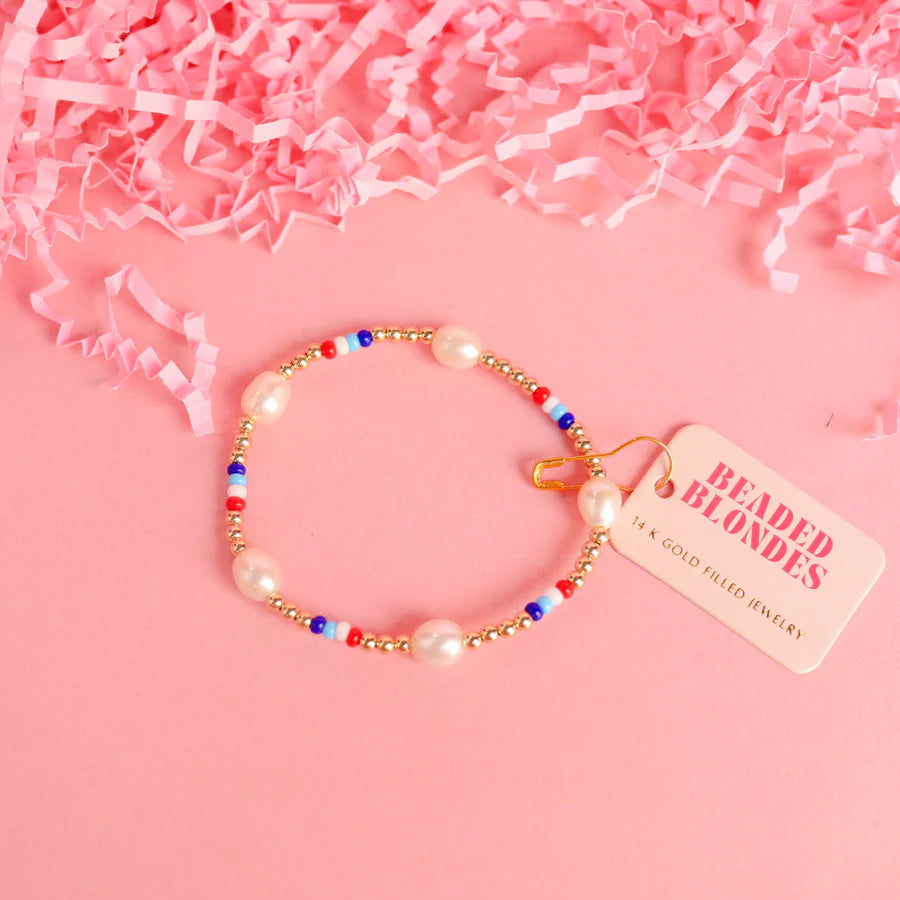 Beaded Blondes | Red, White & Blues Pearl Gold Stretchy Poppi Bracelet - preenteronline