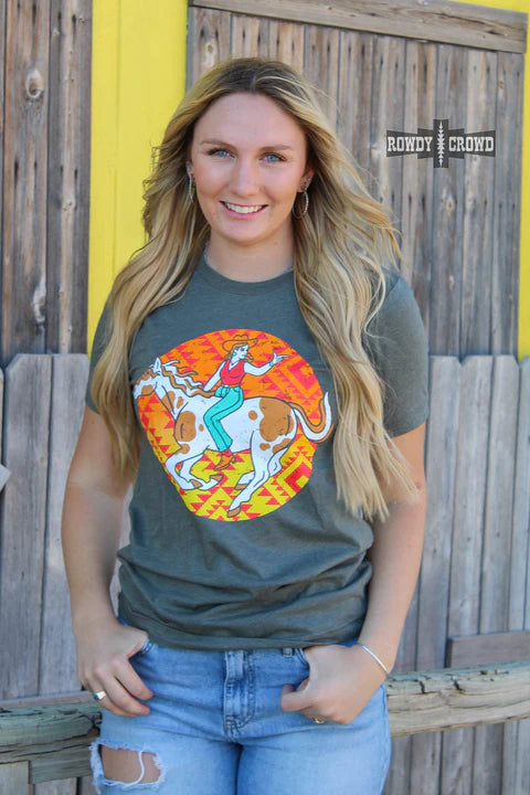 Online Exclusive | Aztec Cowgirl Short Sleeve Graphic Tee in Grey - preenteronline