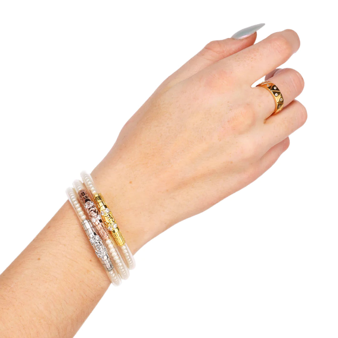 BuDhaGirl | Set of Three | Three Queens All Weather Bangles in White Pearl - preenteronline