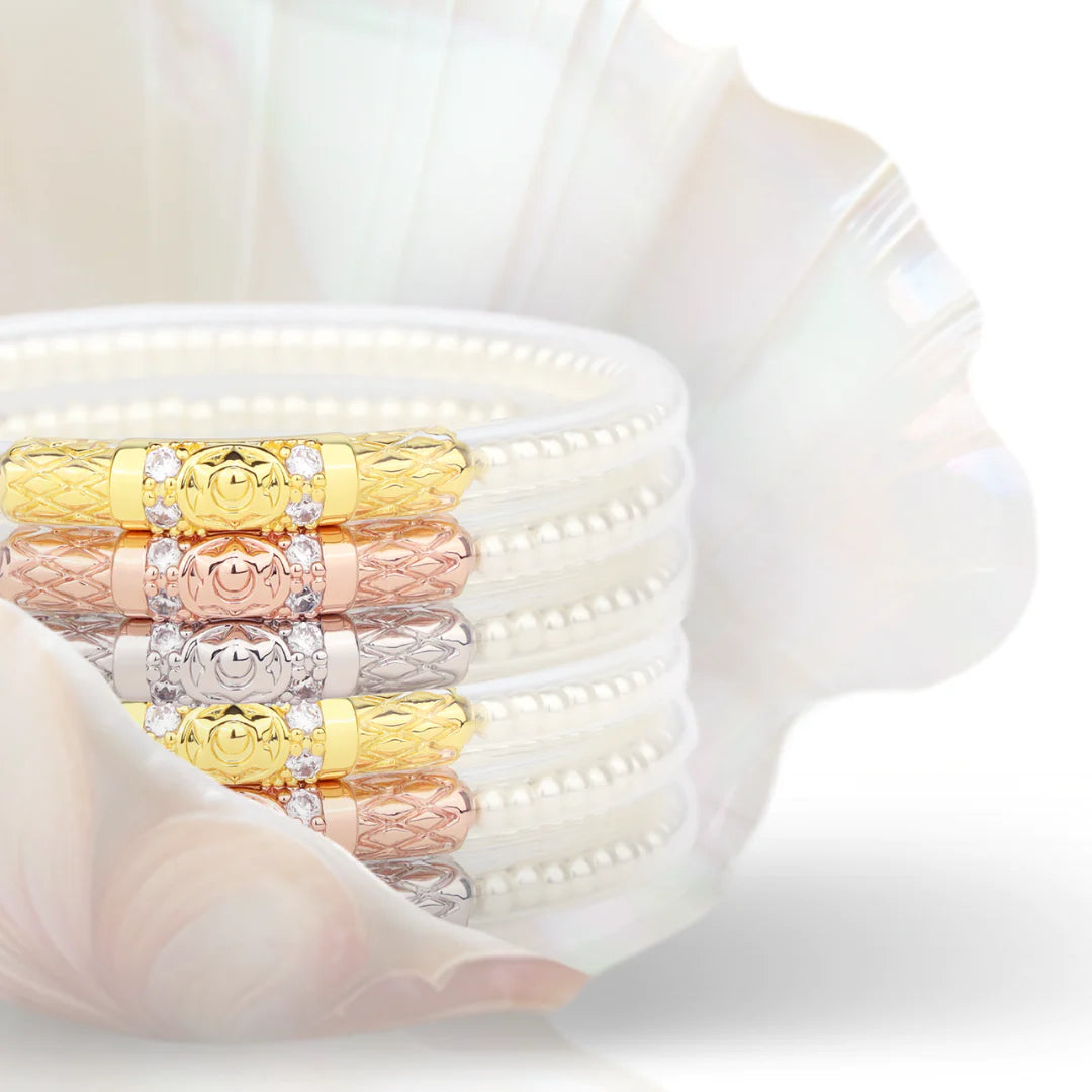 BuDhaGirl | Set of Three | Three Queens All Weather Bangles in White Pearl - preenteronline