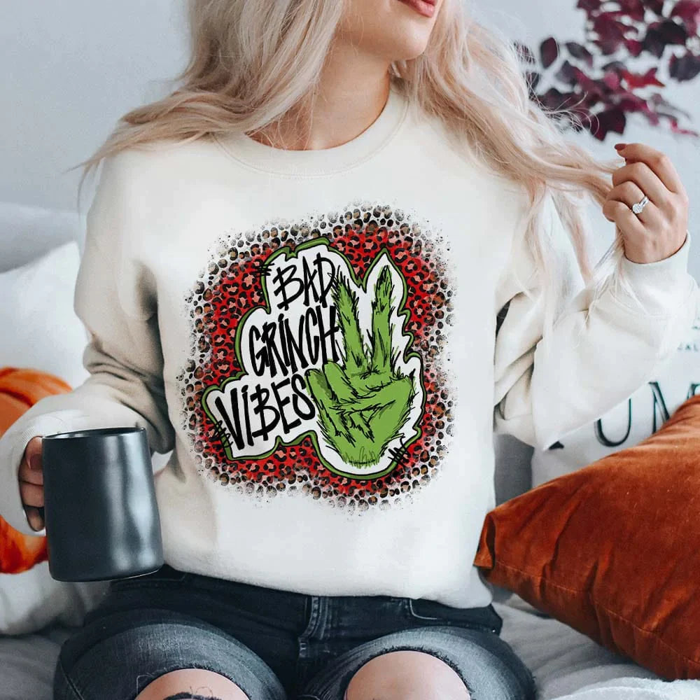 Online Exclusive | Bad Grinch Vibes Long Sleeve Graphic Fleece Sweatshirt in White - preenteronline