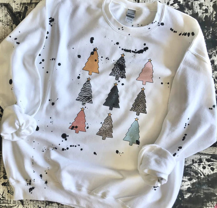 Online Exclusive | Multi Print Christmas Tree Splatter Paint Graphic Sweatshirt in White - preenteronline