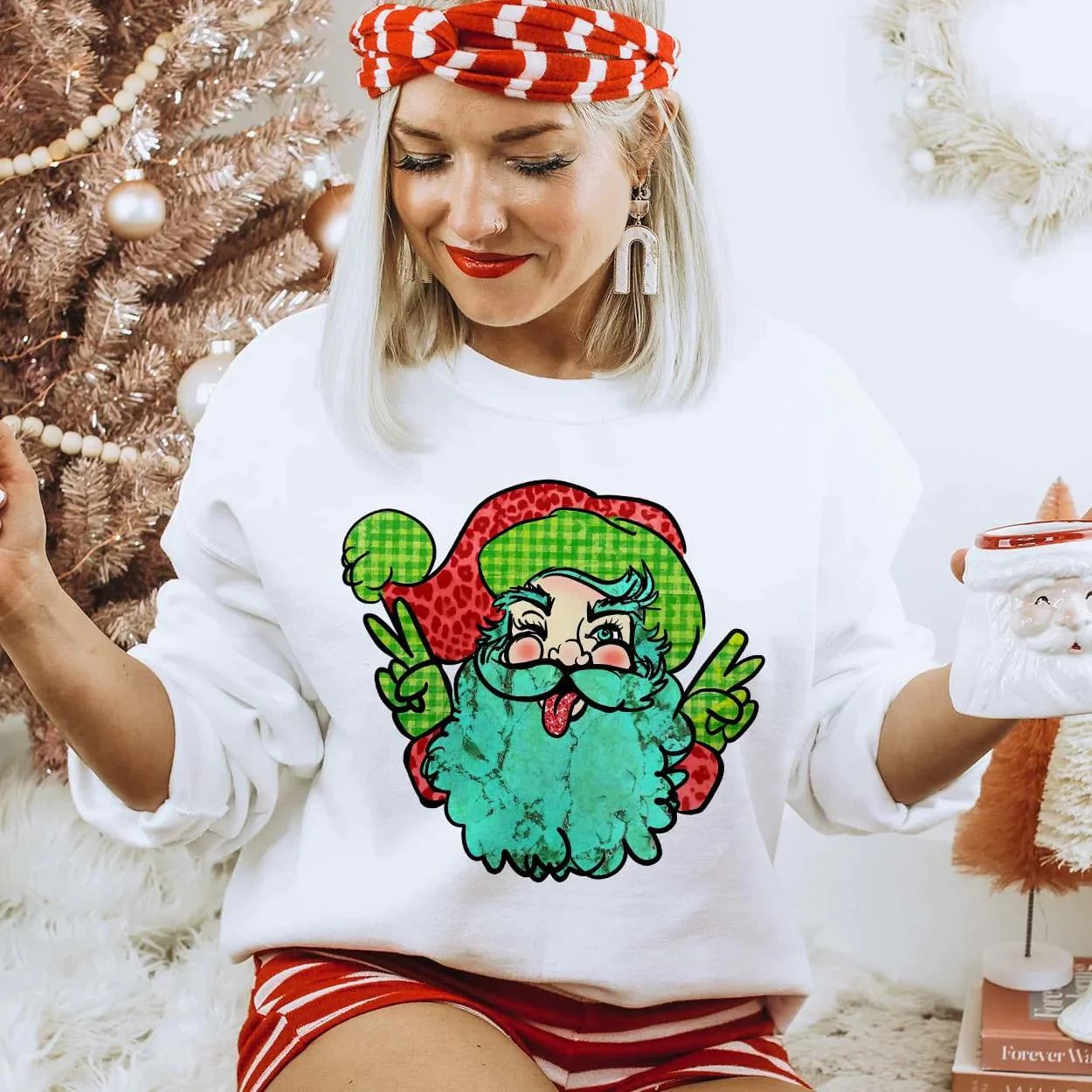 Online Exclusive | Hippie Peace Santa Long Sleeve Graphic Fleece Sweatshirt in White - preenteronline