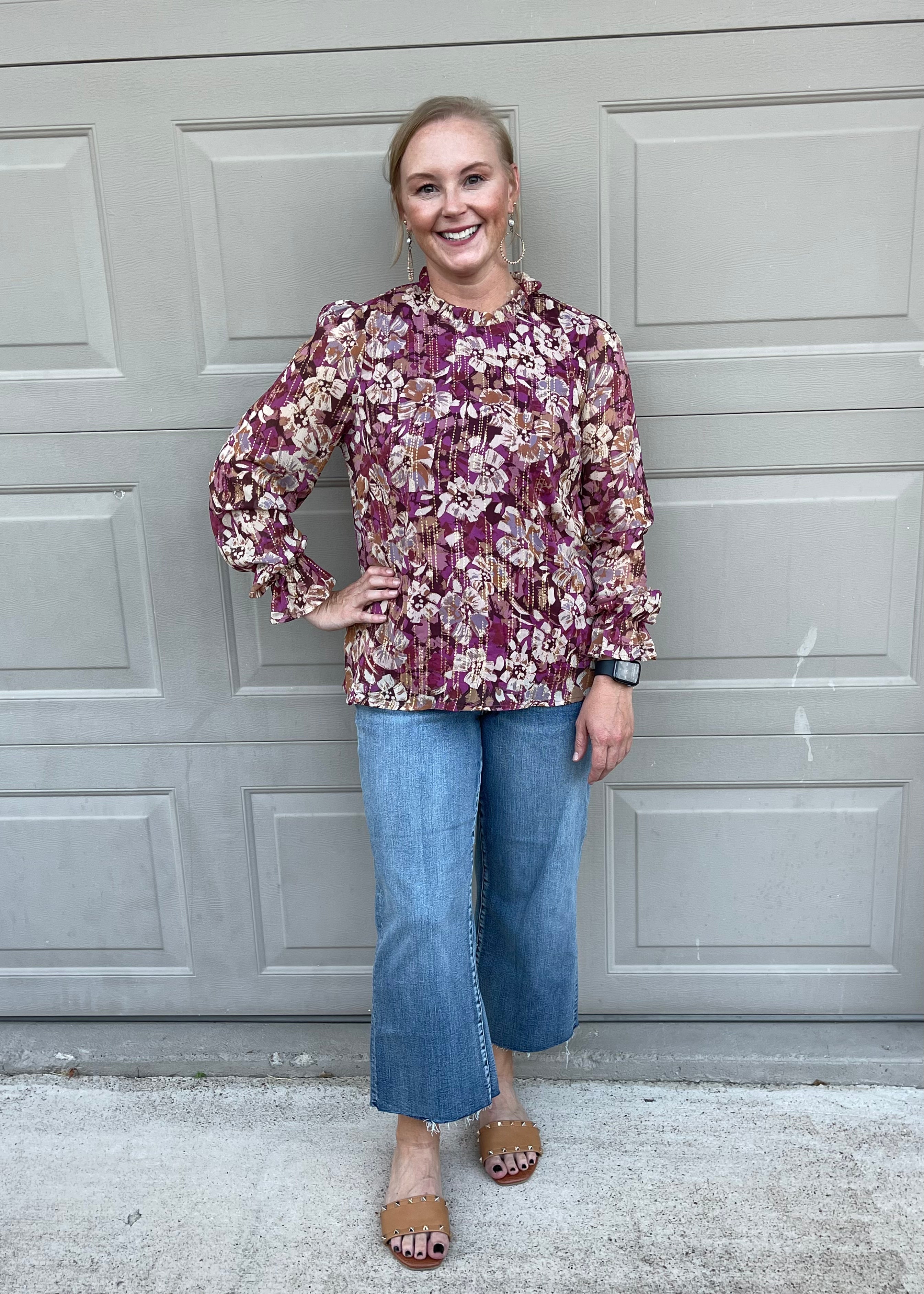 Counting Favors High Neck Floral Top with Long Sleeves in Magenta and Gold - preenteronline