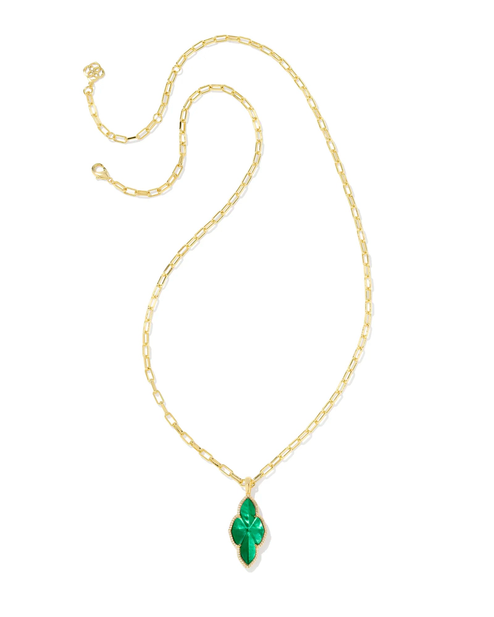 Kendra Scott |Abbie Gold Pave Frame Large Long Pendant Necklace in Emerald Green Illusion