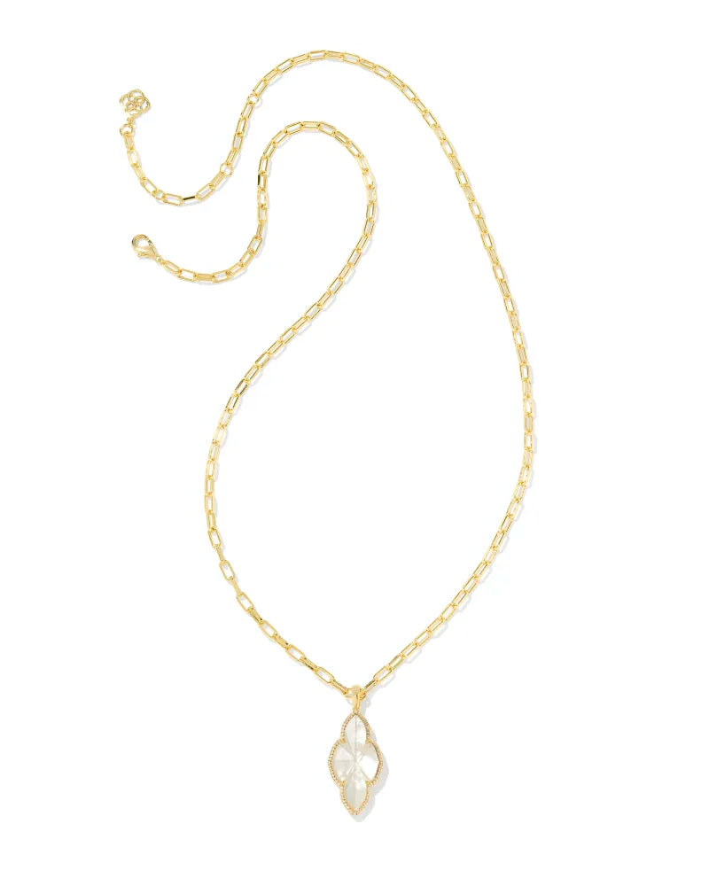 Kendra Scott | Abbie Gold Pave Frame Large Long Pendant Necklace in Ivory Mother-of-Pearl