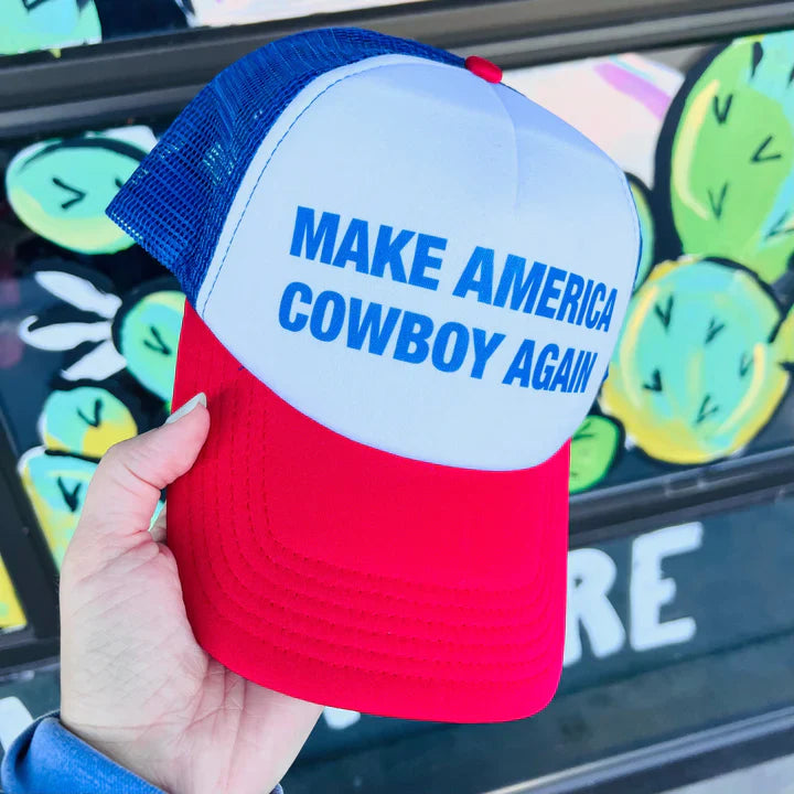 Online Exclusive | Make America Cowboy Again Foam Trucker Cap in Red, White, & Blue - preenteronline