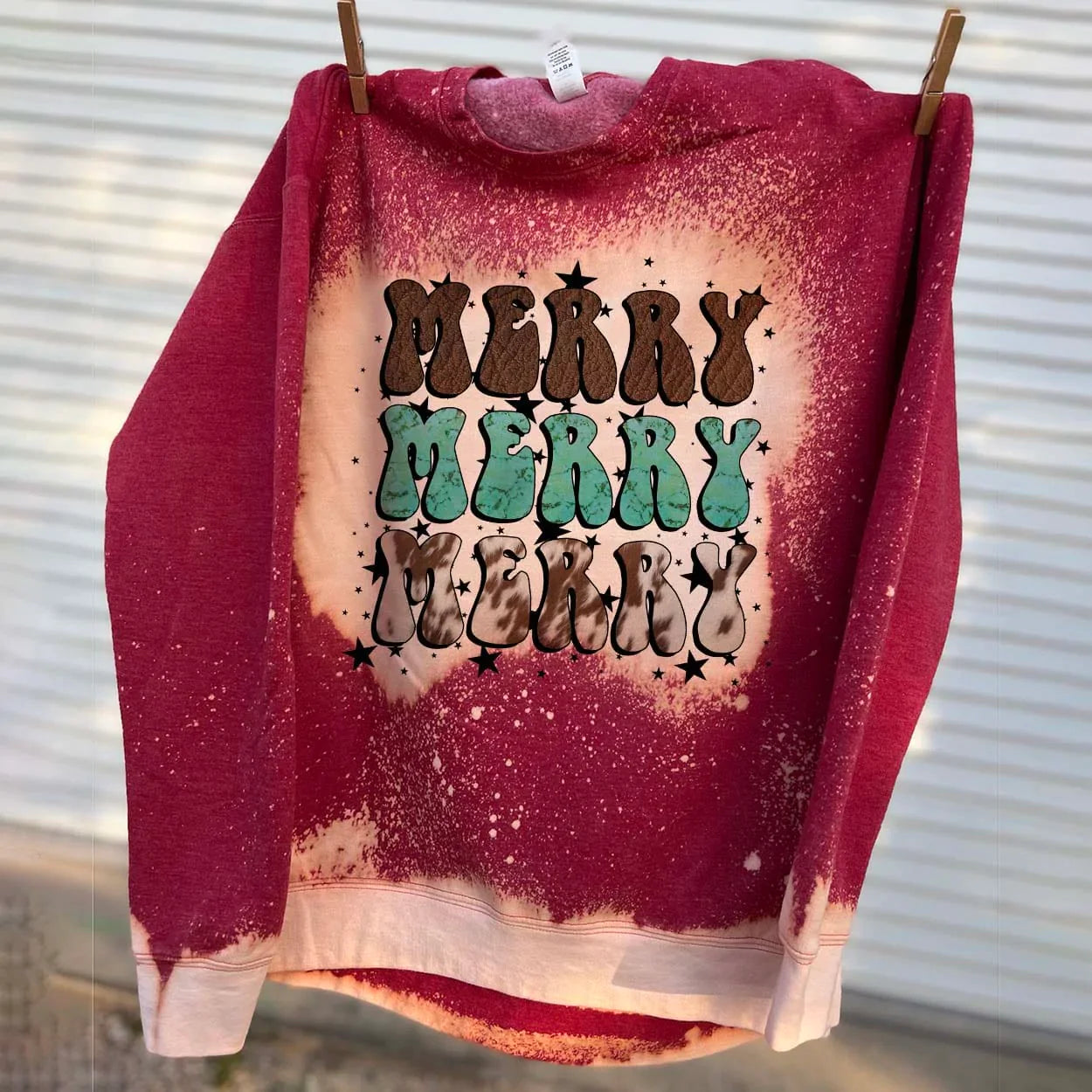 Online Exclusive | Merry Merry Merry Cowgirl Christmas Long Sleeve Bleached Splatter Graphic Sweatshirt in Red - preenteronline