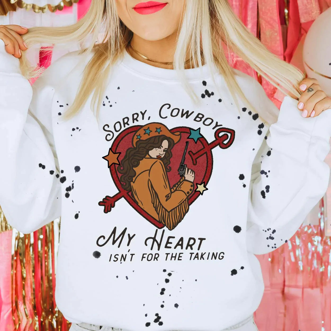 Online Exclusive | Sorry, Cowboy Long Sleeve Graphic Sweatshirt with Black Splatter Paint in White - preenteronline