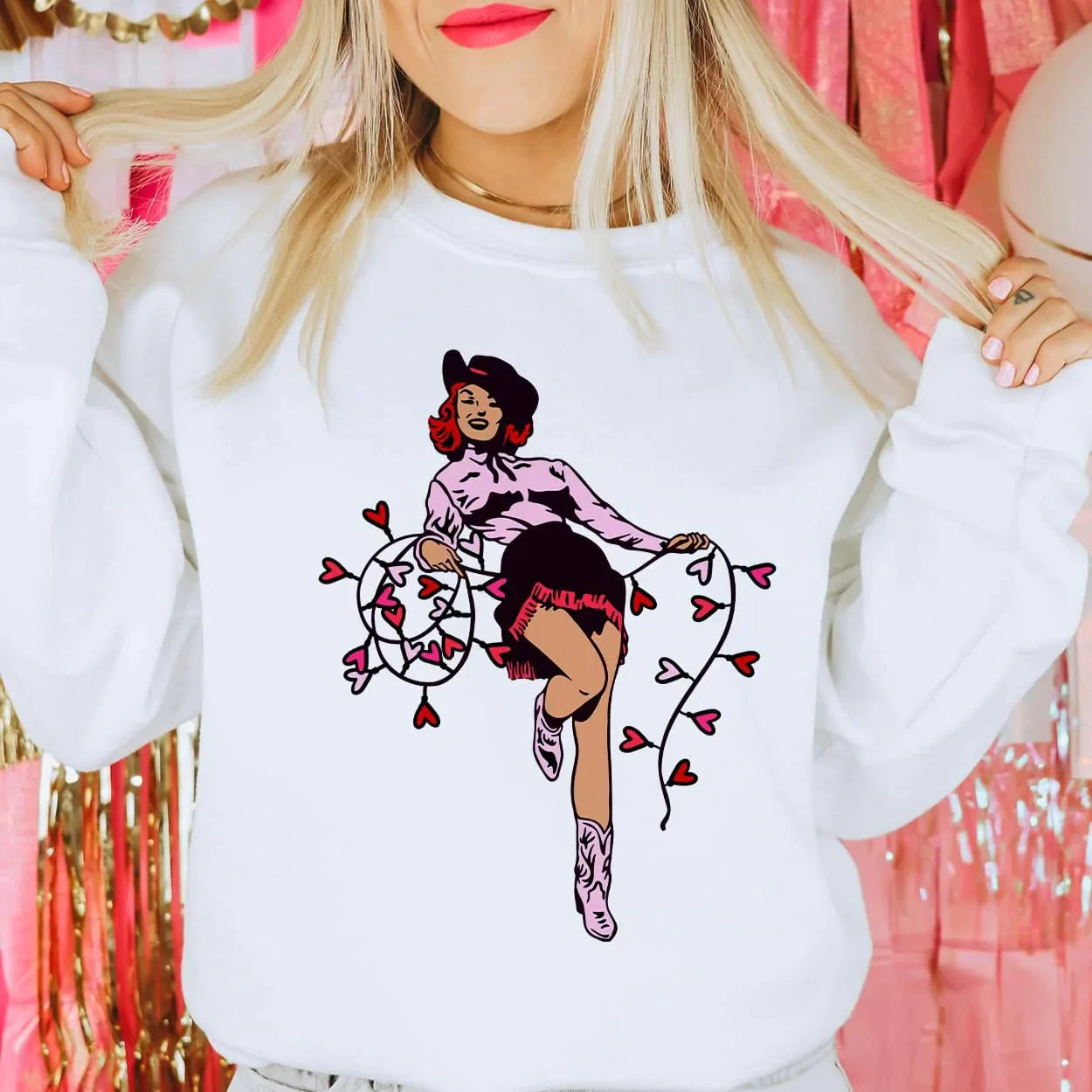 Online Exclusive | Valentine Cowgirl Long Sleeve Graphic Sweatshirt in White - preenteronline