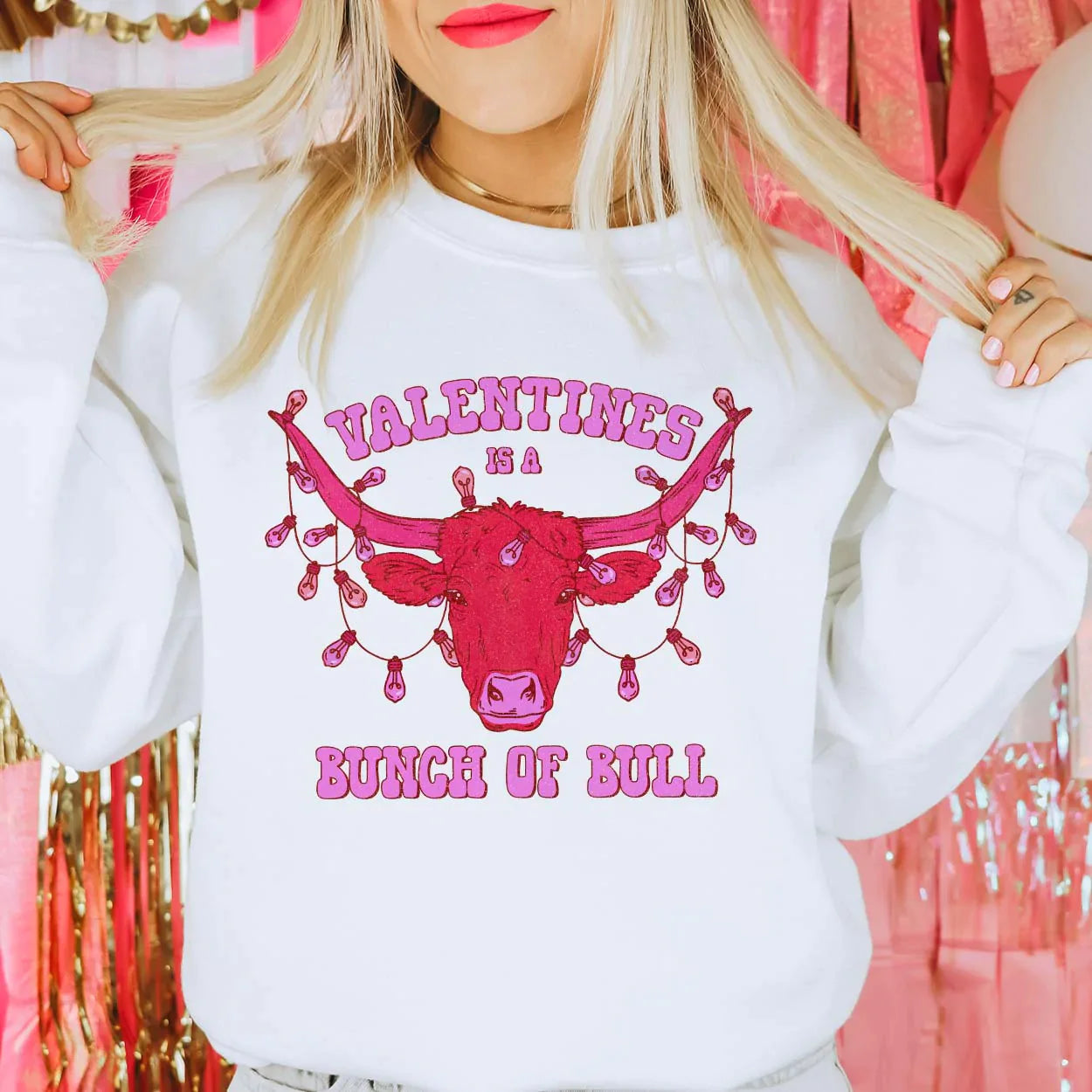 Online Exclusive | Valentines Is A Bunch Of Bull Long Sleeve Graphic Sweatshirt in White - preenteronline