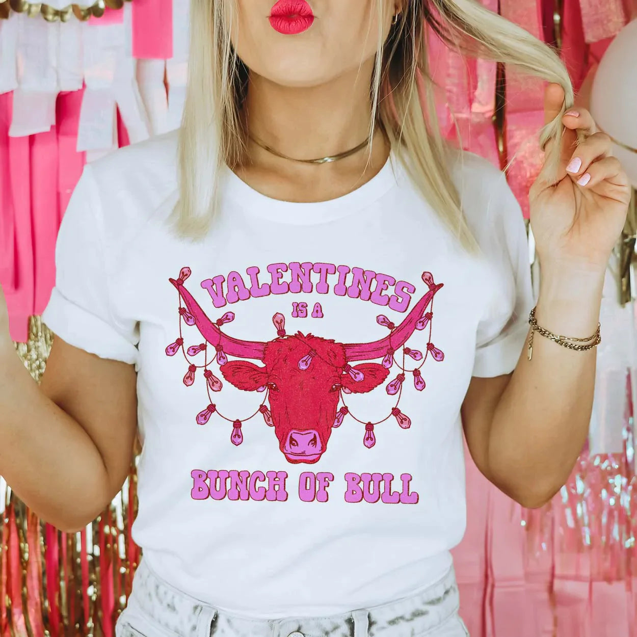 Online Exclusive | Valentines Is A Bunch Of Bull Short Sleeve Graphic Tee in White - preenteronline