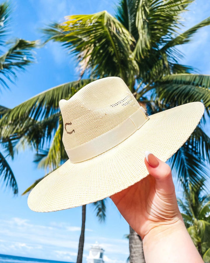 Charlie 1 Horse | Mexico Shore Straw Stiff Brim Hat with Thunderbird in Natural Tan - preenteronline