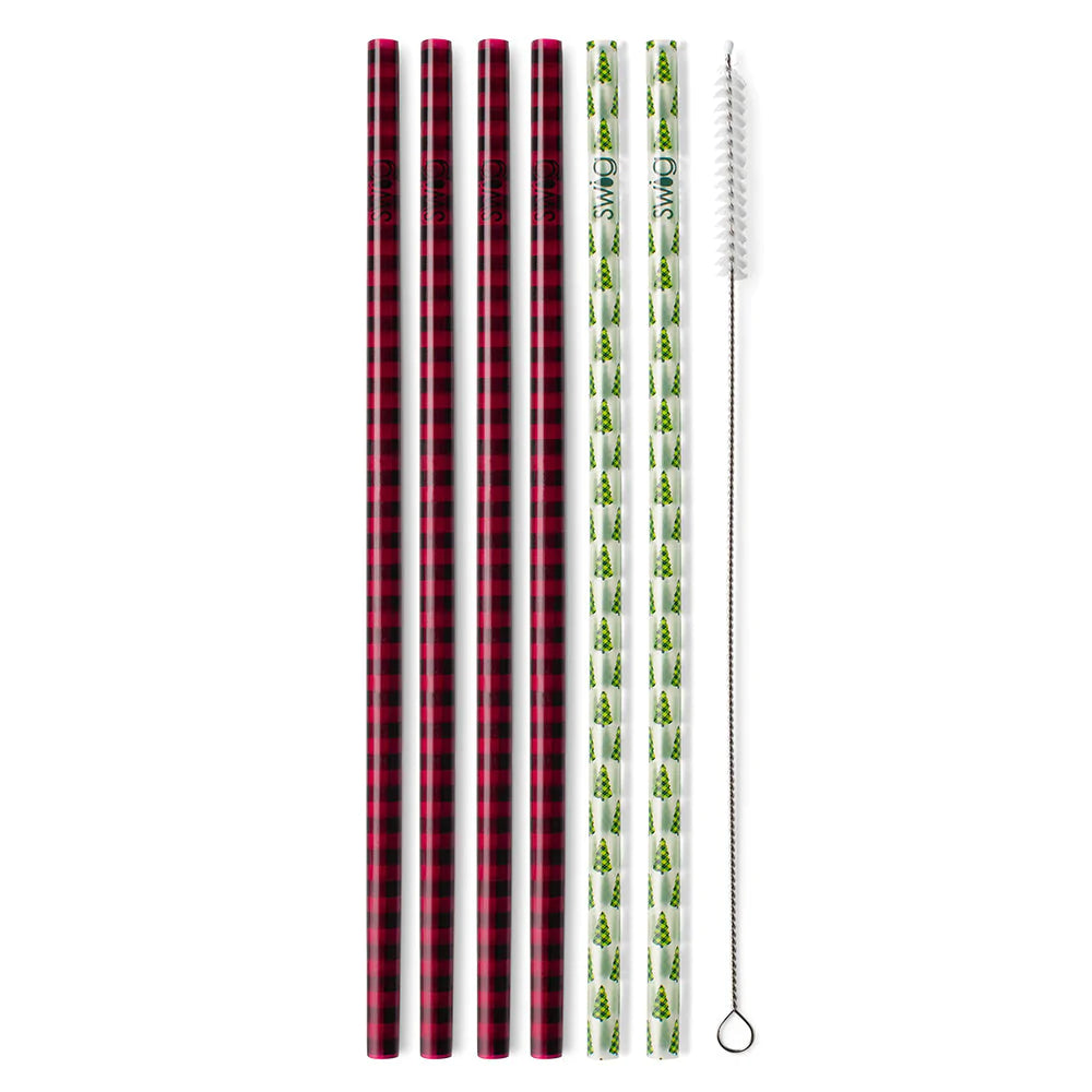 This is a pack of six straws with one cleaning brush, there are four red buffalo  plaid straws, and 2 with green trees. These items are taken on a white  background.